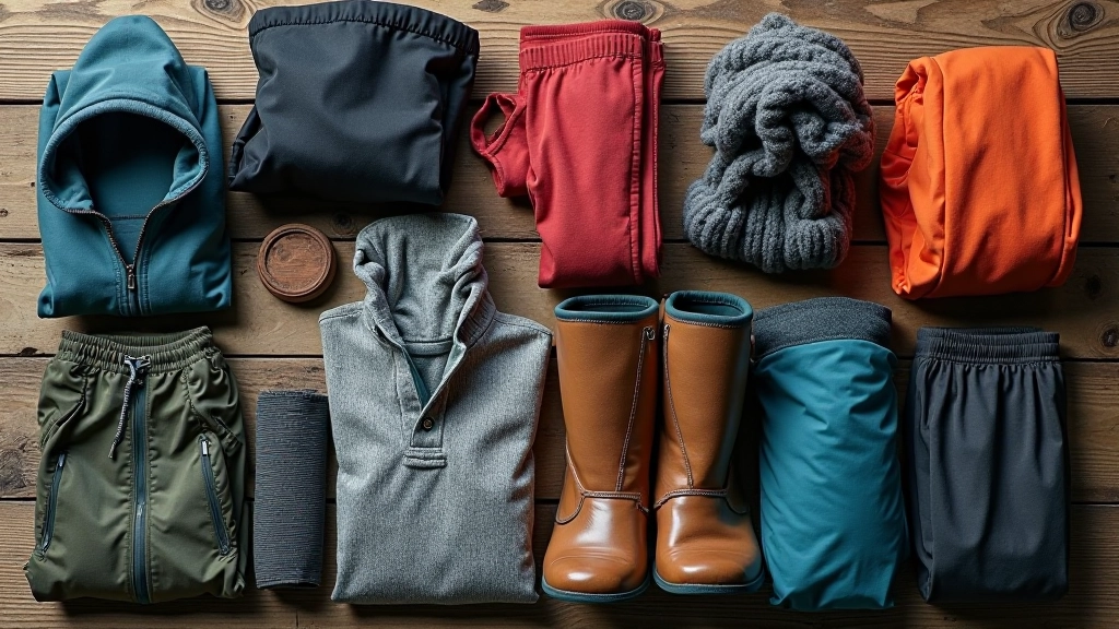Różne rodzaje odzieży trekkingowej ułożone na drewnianym stole — merino, poliester, bawełna