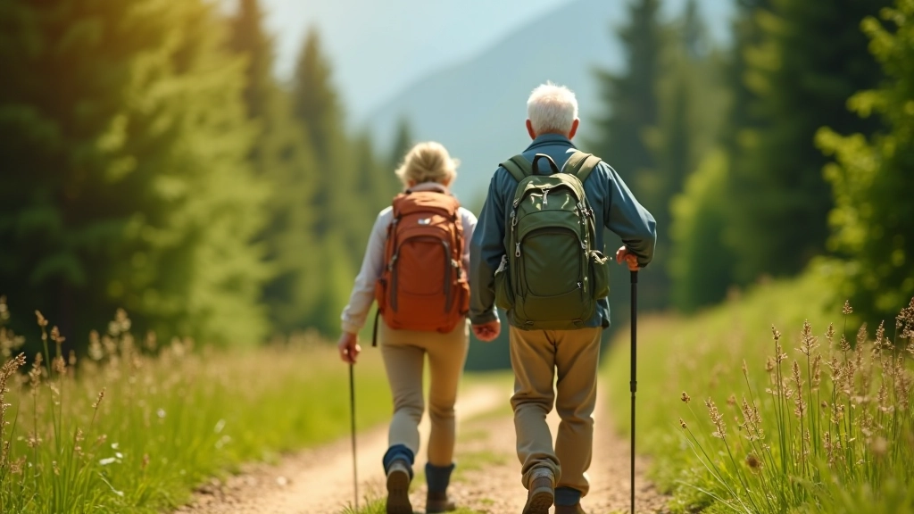 Senior hikers walking down mountain trail together in sunny conditions with proper hiking gear and backpacks