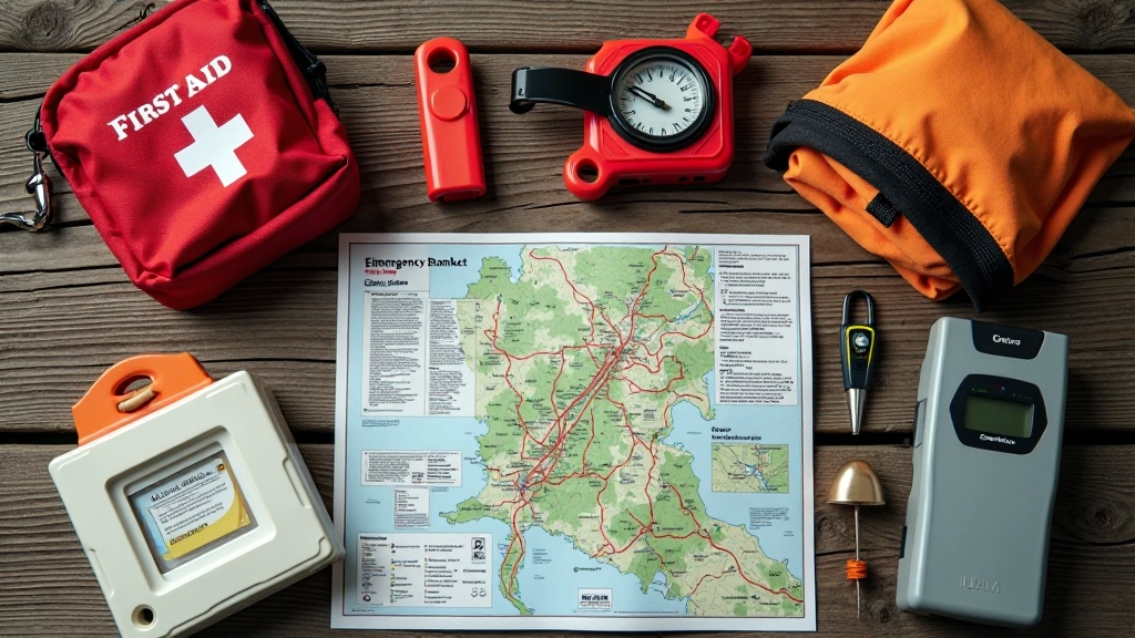 Hiking safety essentials laid out on a wooden surface including first aid kit, whistle, emergency blanket, and headlamp