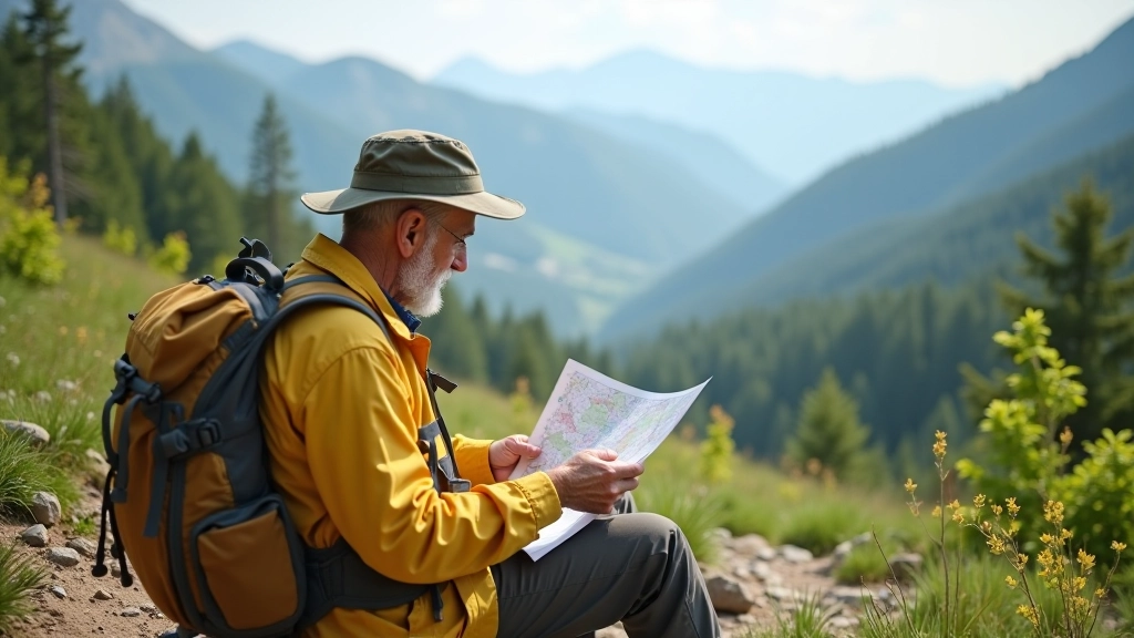 Hiker consulting paper map while sitting on a mountain trail with surrounding forest and valley view