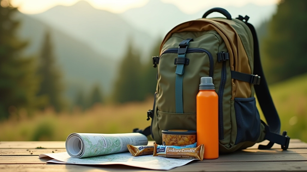 Hiking backpack with water bottle, snacks, and first aid kit arranged on wooden surface