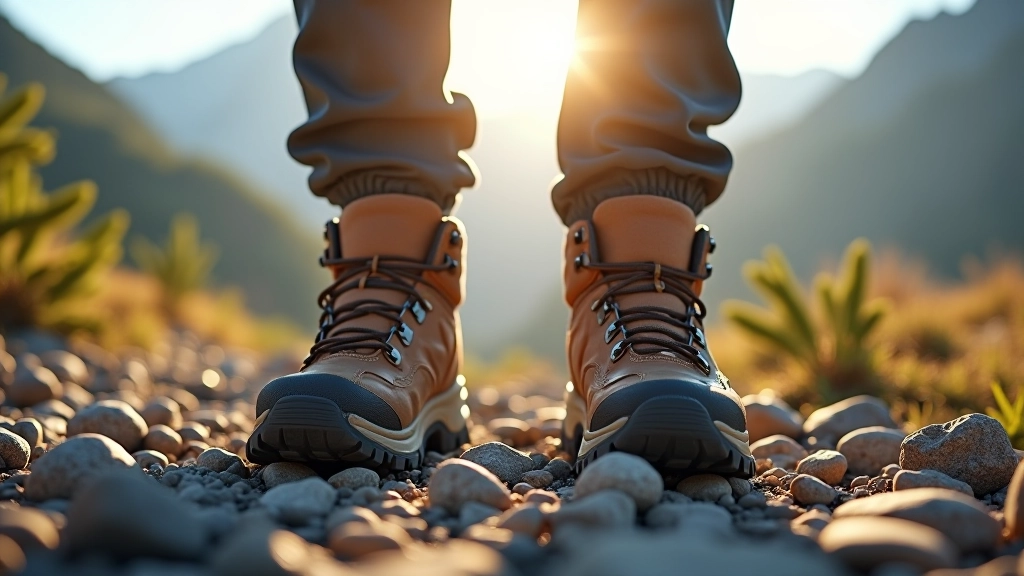 Pair of hiking boots on rocky mountain terrain with laces tied and dirt on sole
