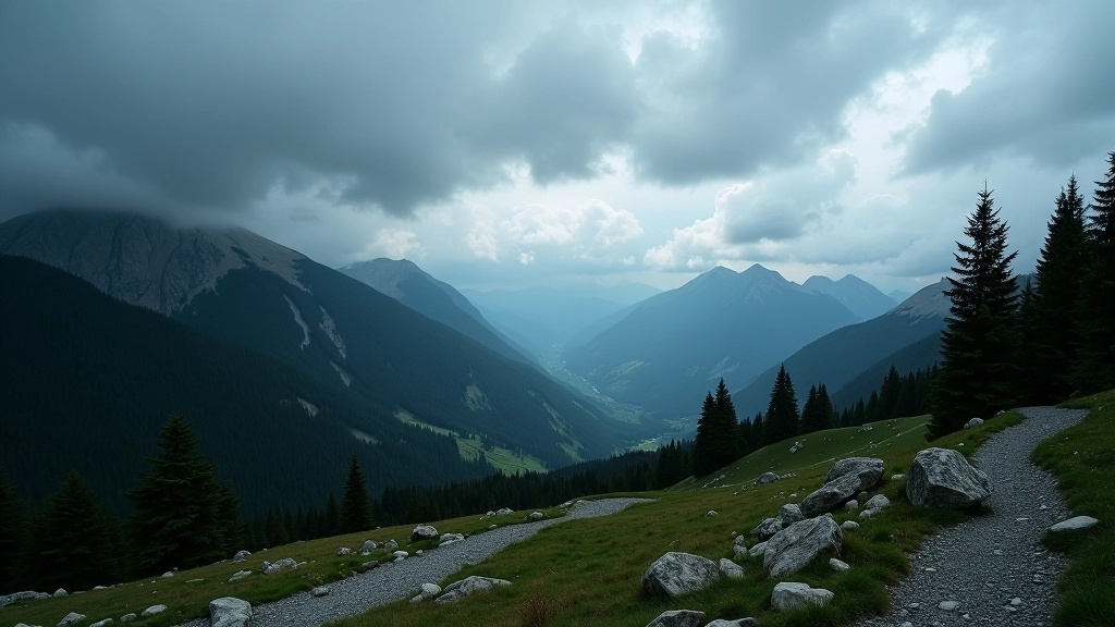 Close-up of mountain weather conditions with dark clouds forming over rocky terrain and pine trees