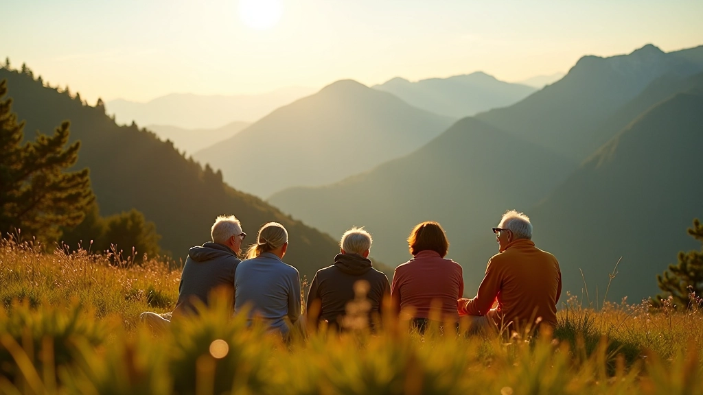 Seniorzy na górskiej polanie w Gorcach, widoki na góry, grupa ludzi ciesząca się naturą