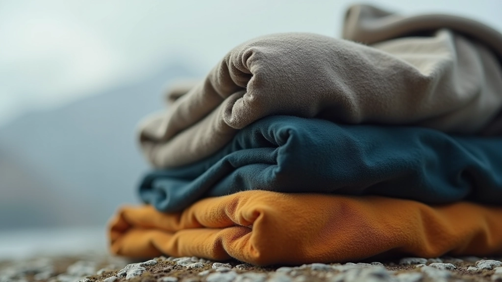 Trzy warstwy odzieży trekkingowej ułożone jedna na drugiej — baza merino, fleeca, wiatrówka